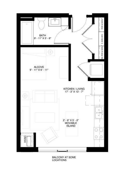 Floor plan for a studio 1 bath apartment unit
